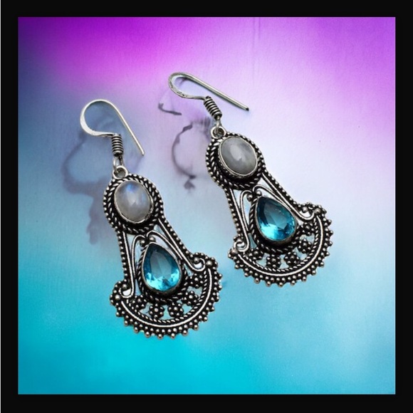Rainbow Moonstone & Blue Topaz Drop Dangle Hook Style Earrings 2" L New With Tag - Picture 8 of 16